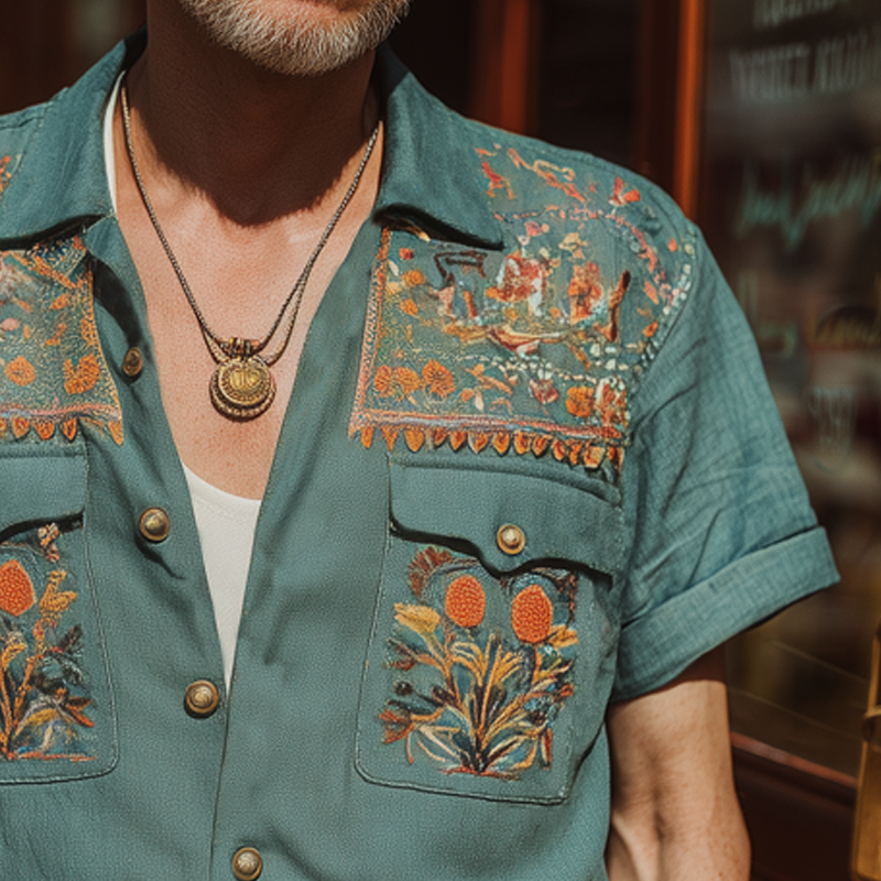 Oscar | Men'S Summer Exquisite Multicolor Embroidered Short Sleeve Shirt