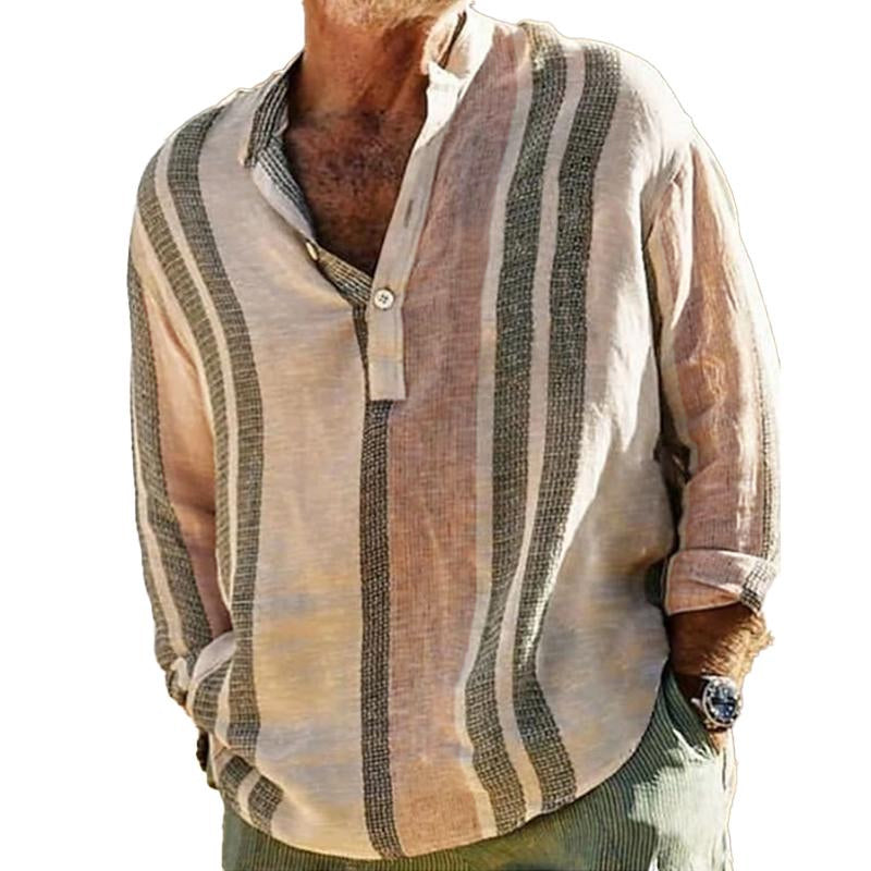 Men's V-neck Striped Print Loose Lapel Cotn Linen Shirt