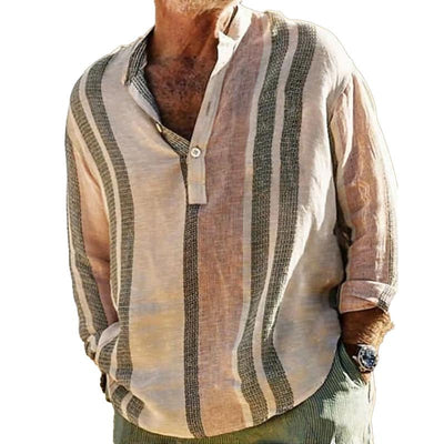 Men's V-neck Striped Print Loose Lapel Cotn Linen Shirt