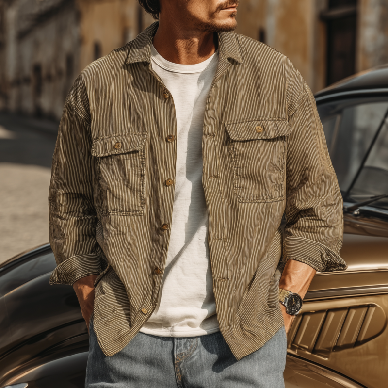 Nestor | Men'S Casual Breathable Cotton Striped Lapel Chest Pocket Loose Long Sleeve Shirt