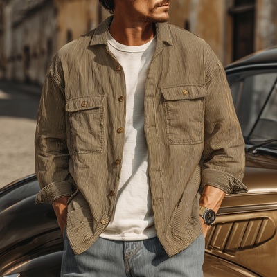 Nestor | Men'S Casual Breathable Cotton Striped Lapel Chest Pocket Loose Long Sleeve Shirt