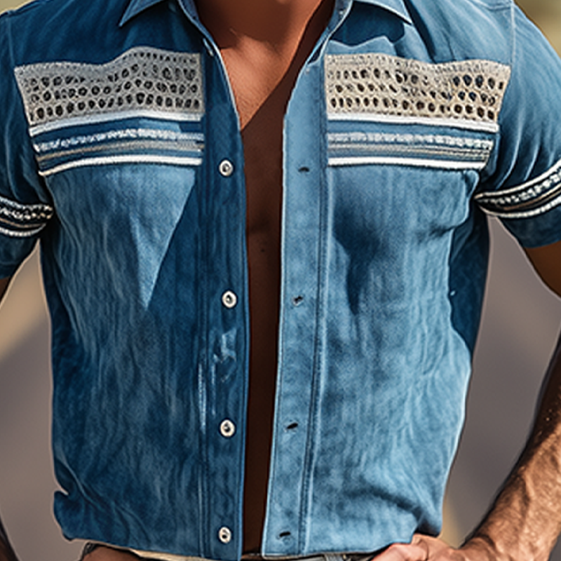 Gabe | Men'S Spring/Summer Suede Splicing Drop Mesh And Web Short Sleeve Shirt