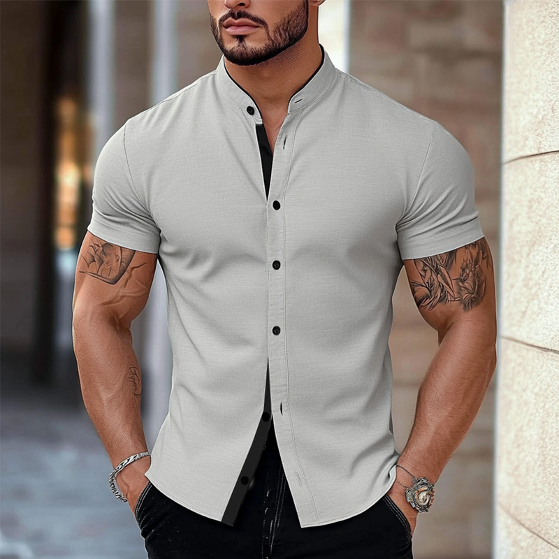 Tony | Men'S Stand Collar Cotton Blend Short Sleeve Shirt