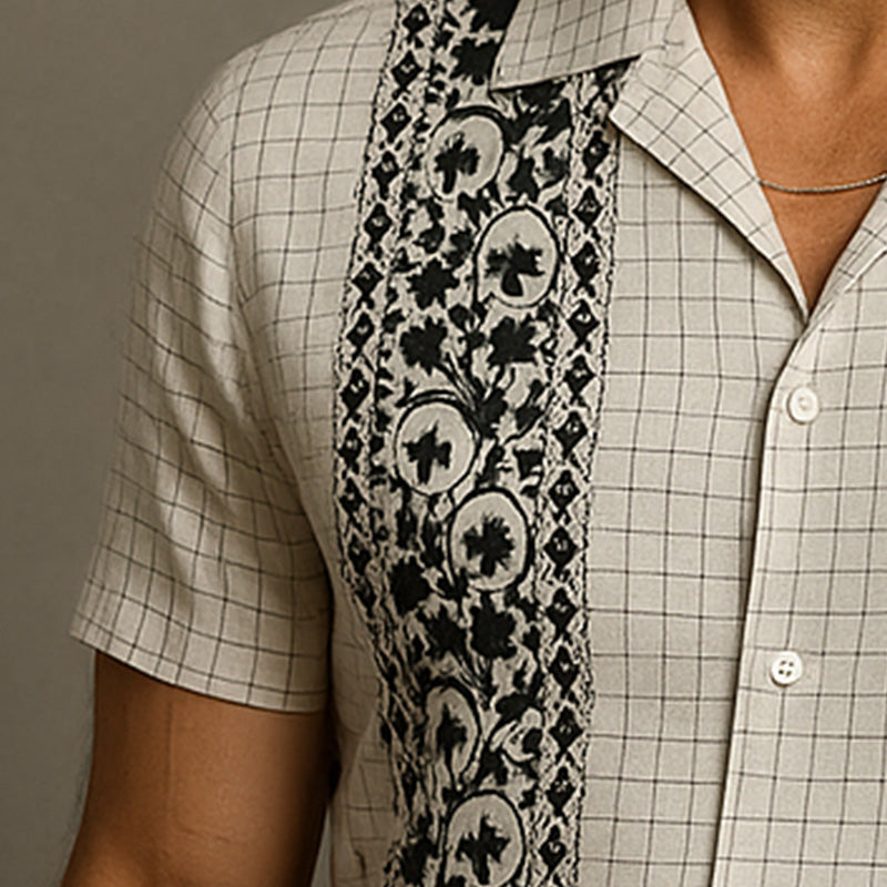 Ross | Men'S Summer Fashion Embroidered Check Linen Short Sleeve Shirt