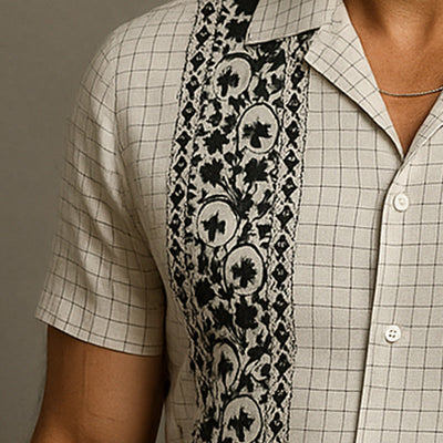 Ross | Men'S Summer Fashion Embroidered Check Linen Short Sleeve Shirt