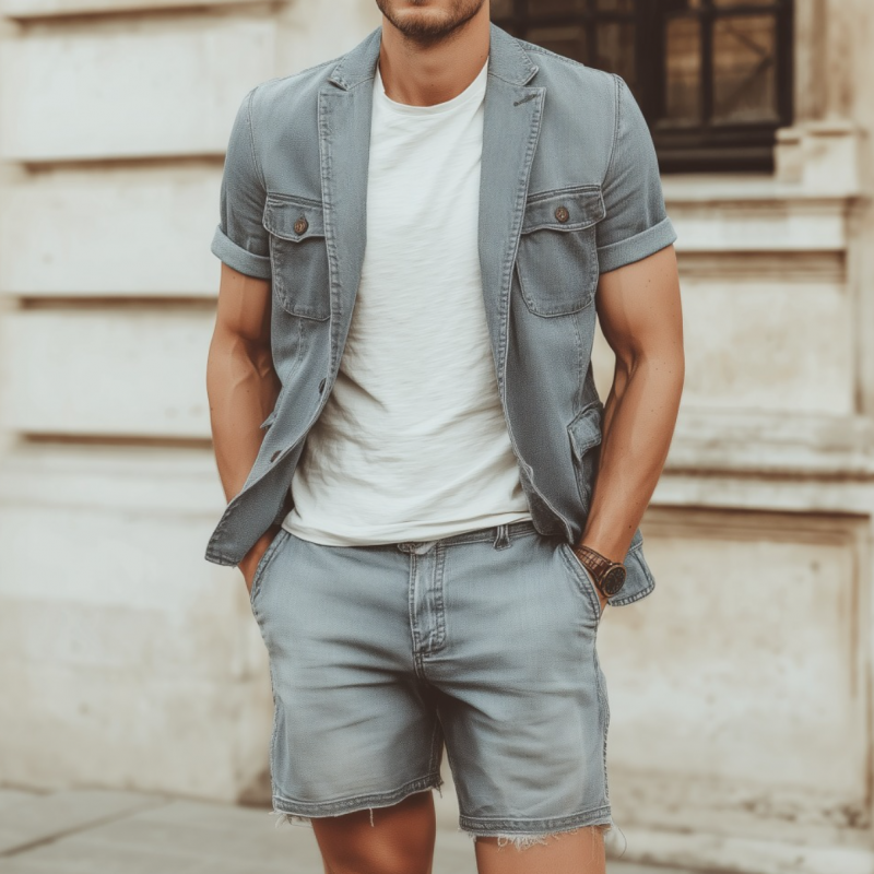 David | Men'S Casual Outdoor Denim Washed Distressed Notched Lapel Multi-Pocket Short-Sleeved Jacket Raw Edge Shorts Set