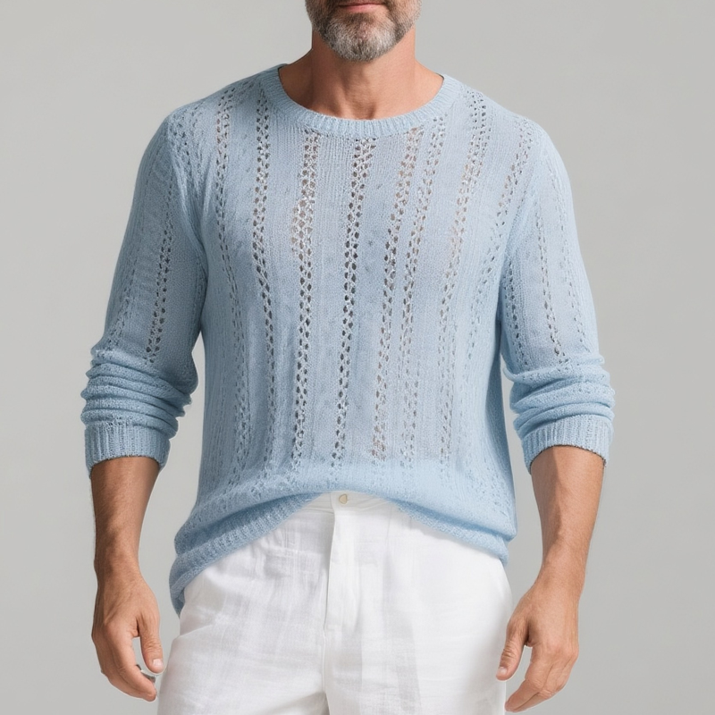 Rogelio | Men'S Solid Color Hollow Out Knit Round Neck Long Sleeve Sweater