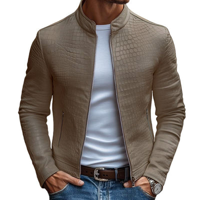 Bartolomeo® | Men's Fashion Stone Pattern Stand Collar Zipper Slim Fit Leather Jacket 45773252M