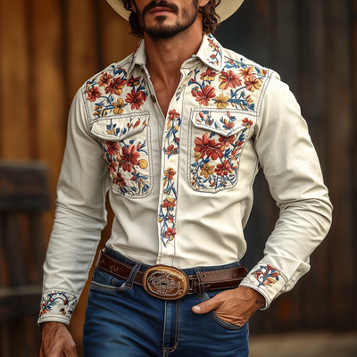 Men's Western Cowboy Style Embroidered Lapel Chest Pocket Long Sleeve Cotn Shirt