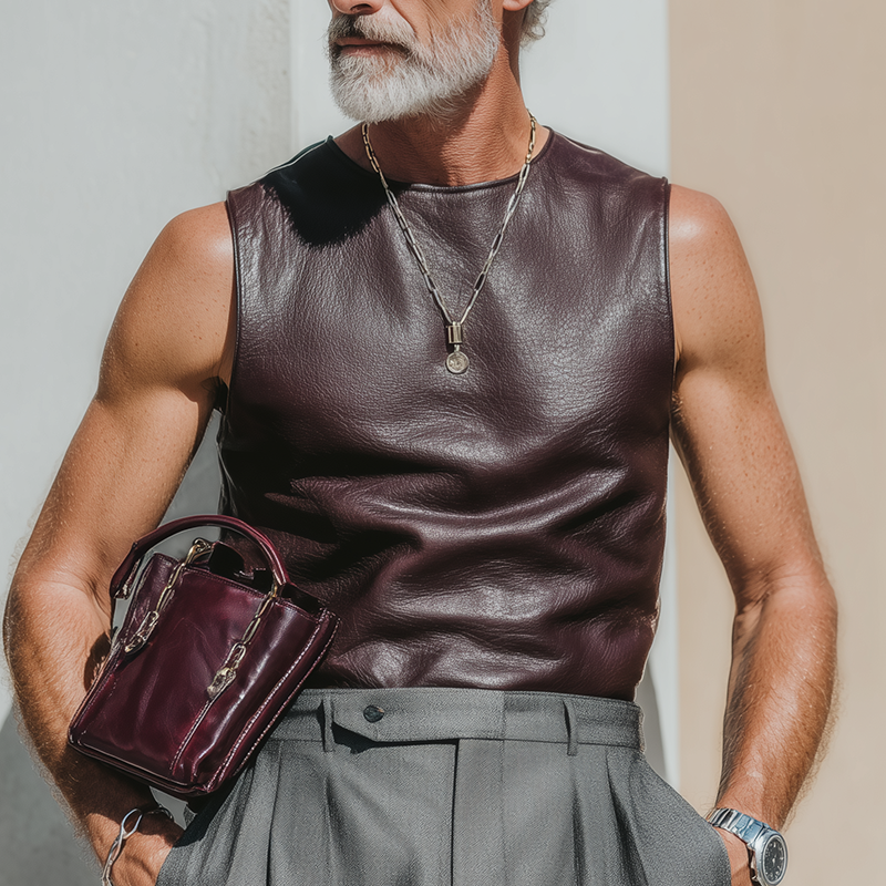 Dallas | Men'S Summer Fashion Leather Round Neck Sleeveless Tank Top