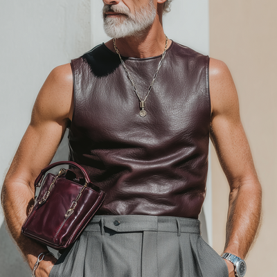 Dallas | Men'S Summer Fashion Leather Round Neck Sleeveless Tank Top