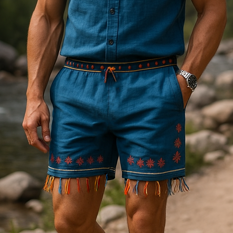 Emil | Men'S Summer Fashion Embroidery Tassel Slub Linen Casual Shorts