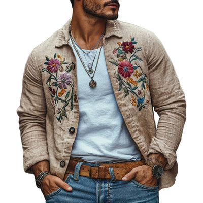 Men's Casal Linen Embroidered Lapel Loose Long Sleeve Shirt
