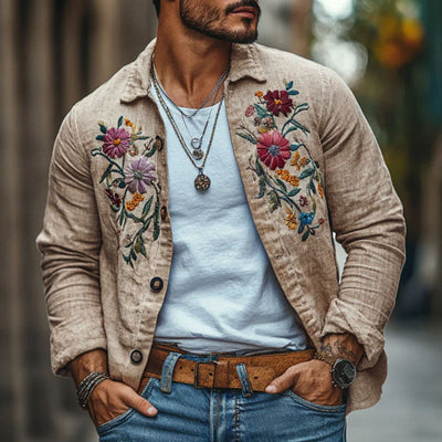 Men's Casal Linen Embroidered Lapel Loose Long Sleeve Shirt