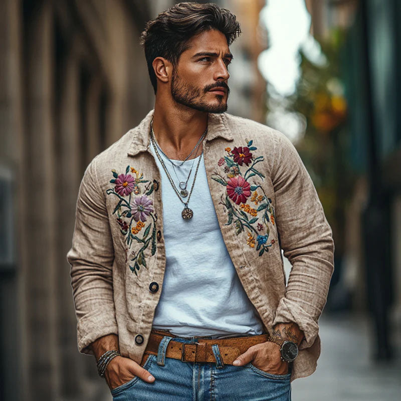 Men's Casal Linen Embroidered Lapel Loose Long Sleeve Shirt