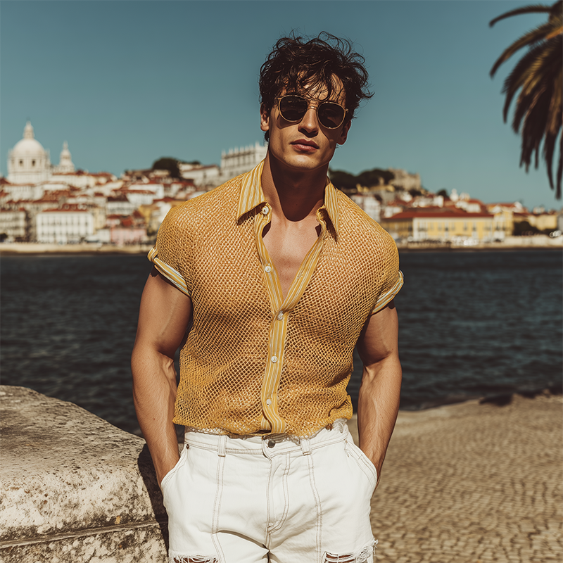 Morton | Men'S Spring And Summer Fashion Casual Mesh Fabric Micro-Transparent Stitching Cotton Blended Striped Slim Short-Sleeved Shirt