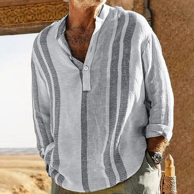 Men's V-neck Striped Print Loose Lapel Cotn Linen Shirt