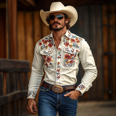 Men's Western Cowboy Style Embroidered Lapel Chest Pocket Long Sleeve Cotn Shirt