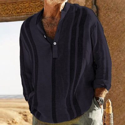 Men's V-neck Striped Print Loose Lapel Cotn Linen Shirt