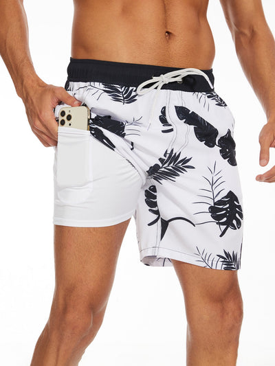 Adalbald® | 2 In 1 Tropical Leaves Print Swim Shorts
