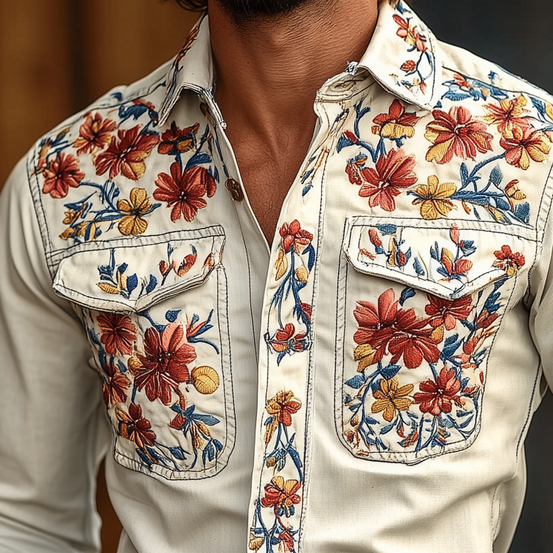 Men's Western Cowboy Style Embroidered Lapel Chest Pocket Long Sleeve Cotn Shirt