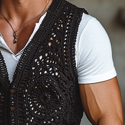 Miguel | Men'S Western Style Black Crochet Single Breasted Vest