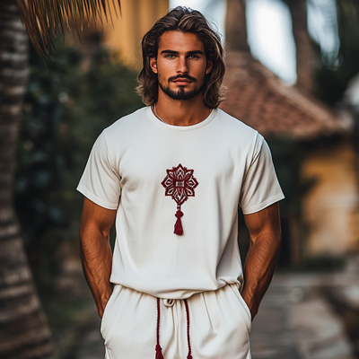 Earl | Men'S Bohemian Flower Embroidery Tassel Decoration Cotton Round Neck Loose Short Sleeve T-Shirt