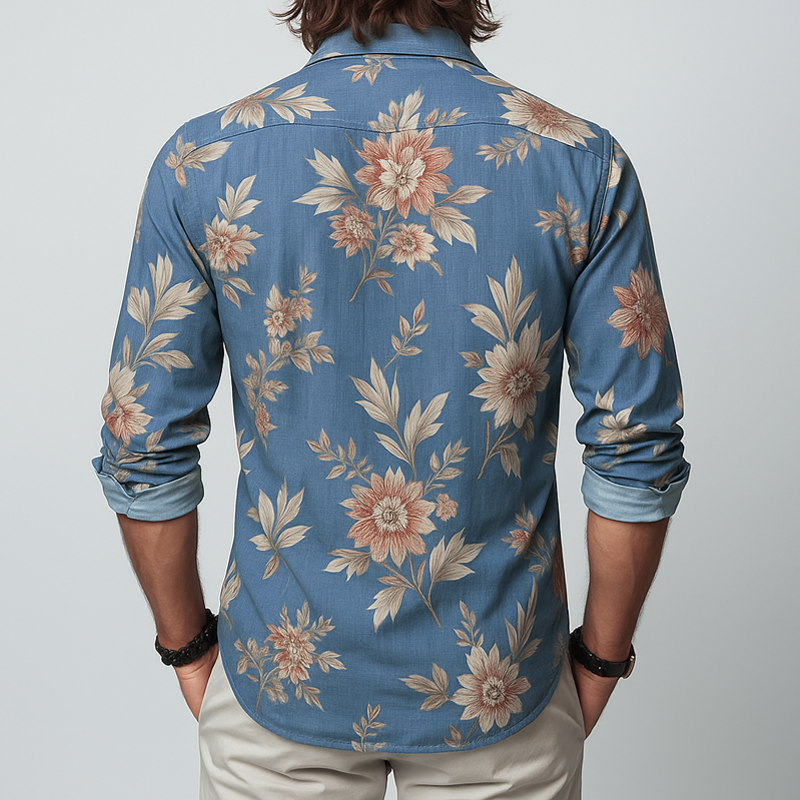 Men's Floral Lapel Chest Pocket Long Sleeve ShirtZ