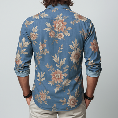 Men's Floral Lapel Chest Pocket Long Sleeve ShirtZ