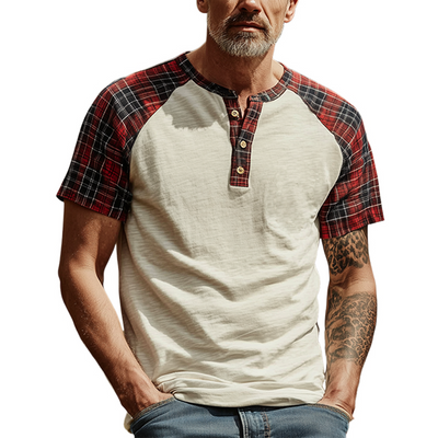 Yves | Men'S Spring And Summer Fashion Casual Bamboo Cotton Splicing Plaid Henry Collar Short Sleeve T-Shirt