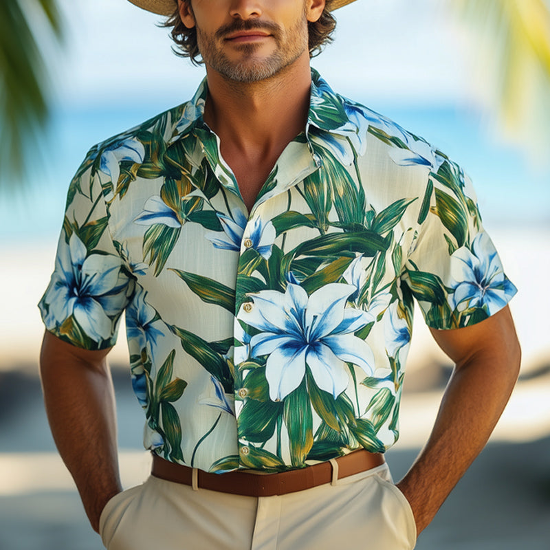 Sidney | Men'S Summer Beach Lily Print Short Sleeve Shirt