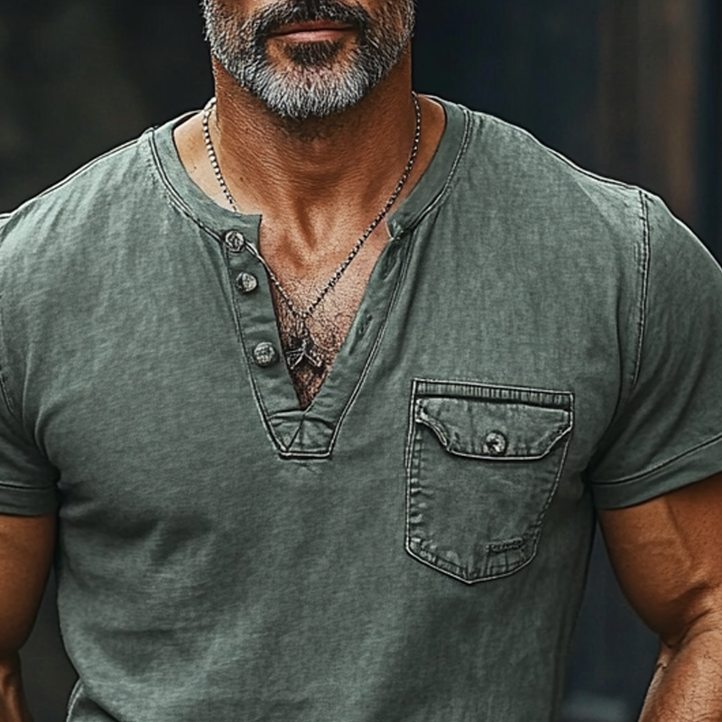 Pedro | Men'S Washed Pocket Solid Color Short Sleeve Denim Henley T-Shirt