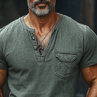 Pedro | Men'S Washed Pocket Solid Color Short Sleeve Denim Henley T-Shirt