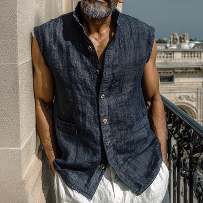 Preston | Men'S Casual Breathable Linen Stand Collar Single Breasted Multi-Patch Pocket Sleeveless Shirt