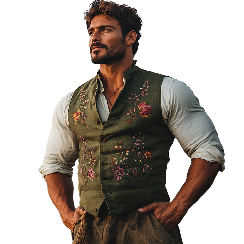 Larry | Men'S Summer Fashion Embroidered Slub Linen Sleeveless Vest
