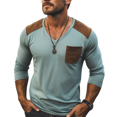 Ignacio | Men'S Basic Cotton V-Neck Suede Stitching Long Sleeve T-Shirt