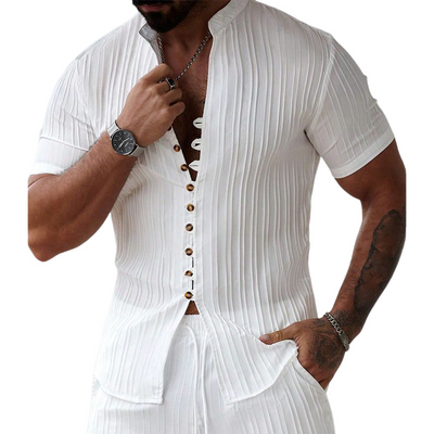 Dan | Men'S Solid Color Striped Textured Stand Collar Short Sleeve Shirt