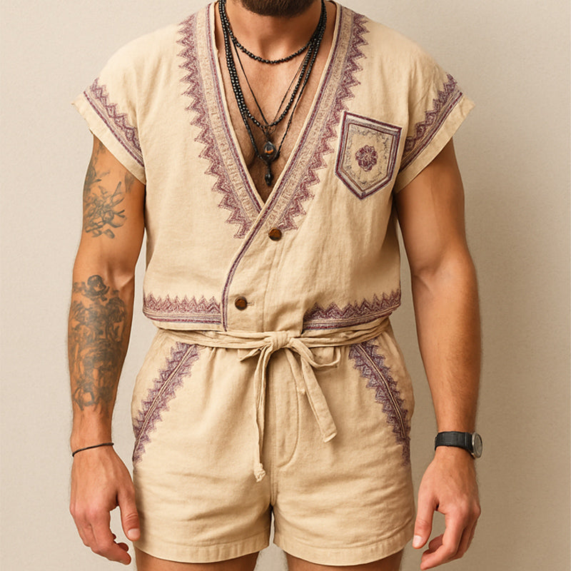 Ronald | Men'S Summer Exquisite Embroidered V-Neck T-Shirt Shorts Set