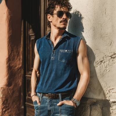 Connor | Men'S Casual Denim Washed Distressed Patch Pocket Lapel Button Pullover Sleeveless Polo Shirt