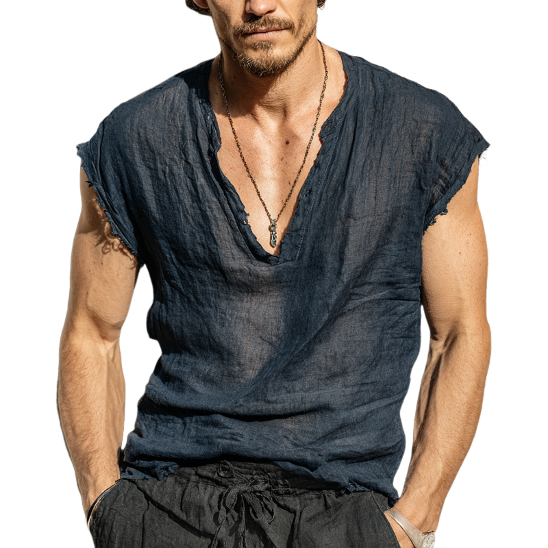 Diego | Men'S Solid Color Cotton And Linen V-Neck Tank Top