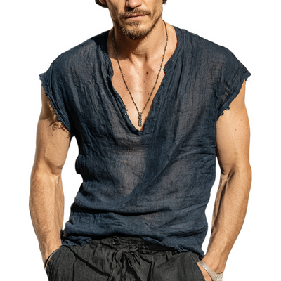 Diego | Men'S Solid Color Cotton And Linen V-Neck Tank Top