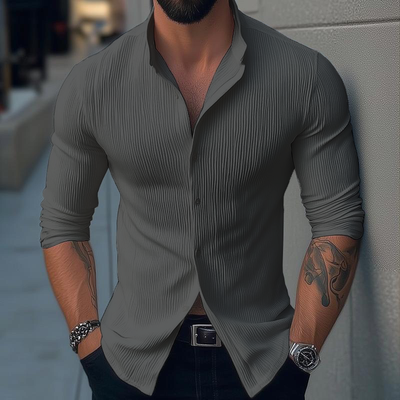 Men's Solid Color Stand Collar Long Sleeve Casal Shirt