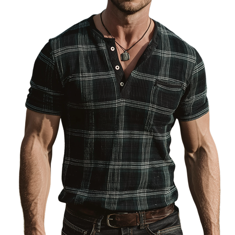 Howard | Men'S Retro Casual Plaid Print Henley Short Sleeve T-Shirt