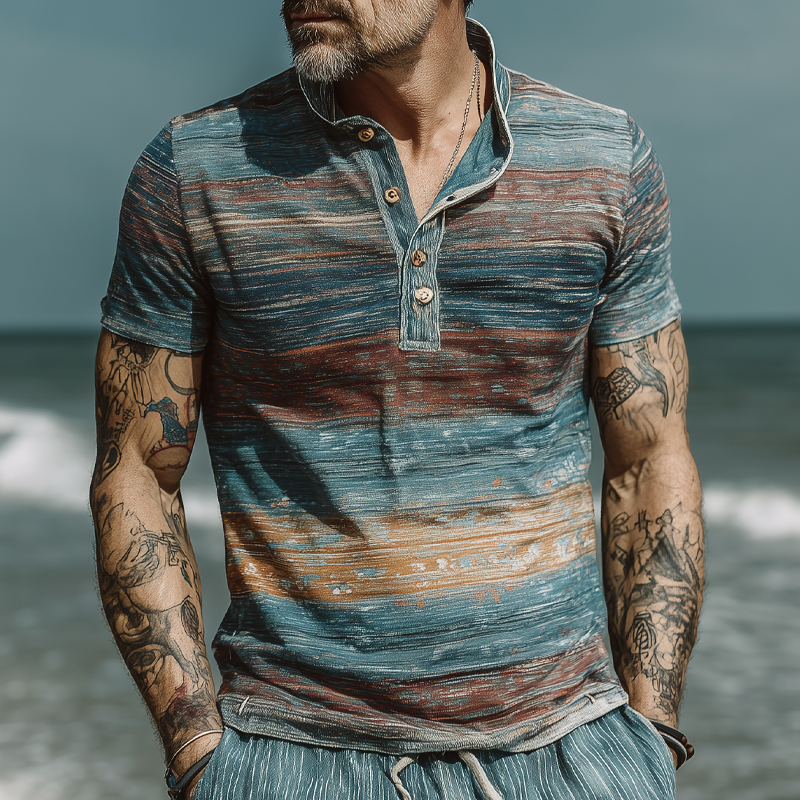 Hank | Men'S Stripe Print Lapel Short Sleeve T-Shirt