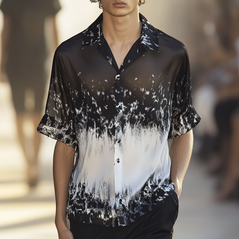 Dennis | Men'S Black And White Gradient Print Short-Sleeved Shirt