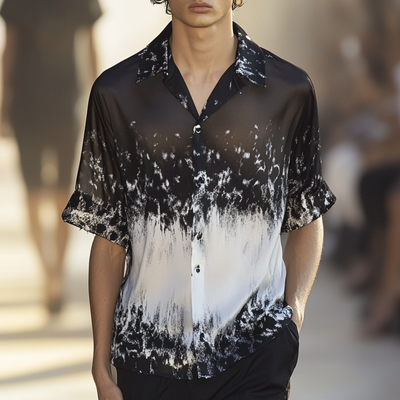 Dennis | Men'S Black And White Gradient Print Short-Sleeved Shirt