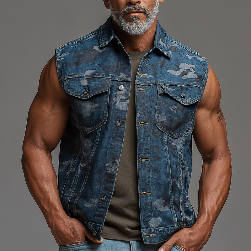 Ralph | Men'S Summer Fashion Camouflage Washed Denim Vest