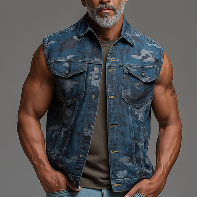 Ralph | Men'S Summer Fashion Camouflage Washed Denim Vest