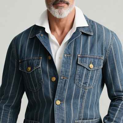 Thomas | Men'S Striped Denim Lapel Multi-Pocket Single Breasted Jacket
