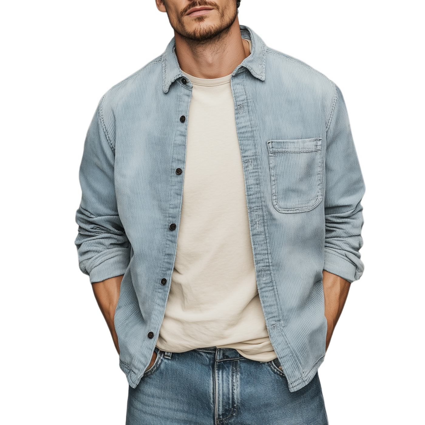 Colin | Men'S Retro Casual Corduroy Washed Lightly Bleached Distressed Long-Sleeved Shirt